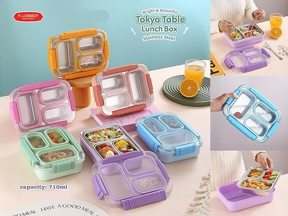 Orange Tokyo Table Stainless Steel Lunch Box – 3 Compartment Leakproof Tiffin