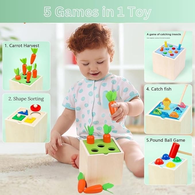 5-in-1 Wooden Montessori Play Set – Carrot Harvest, Fishing, Shape Sorter & Pounding Toy | Educational Gift for Toddlers