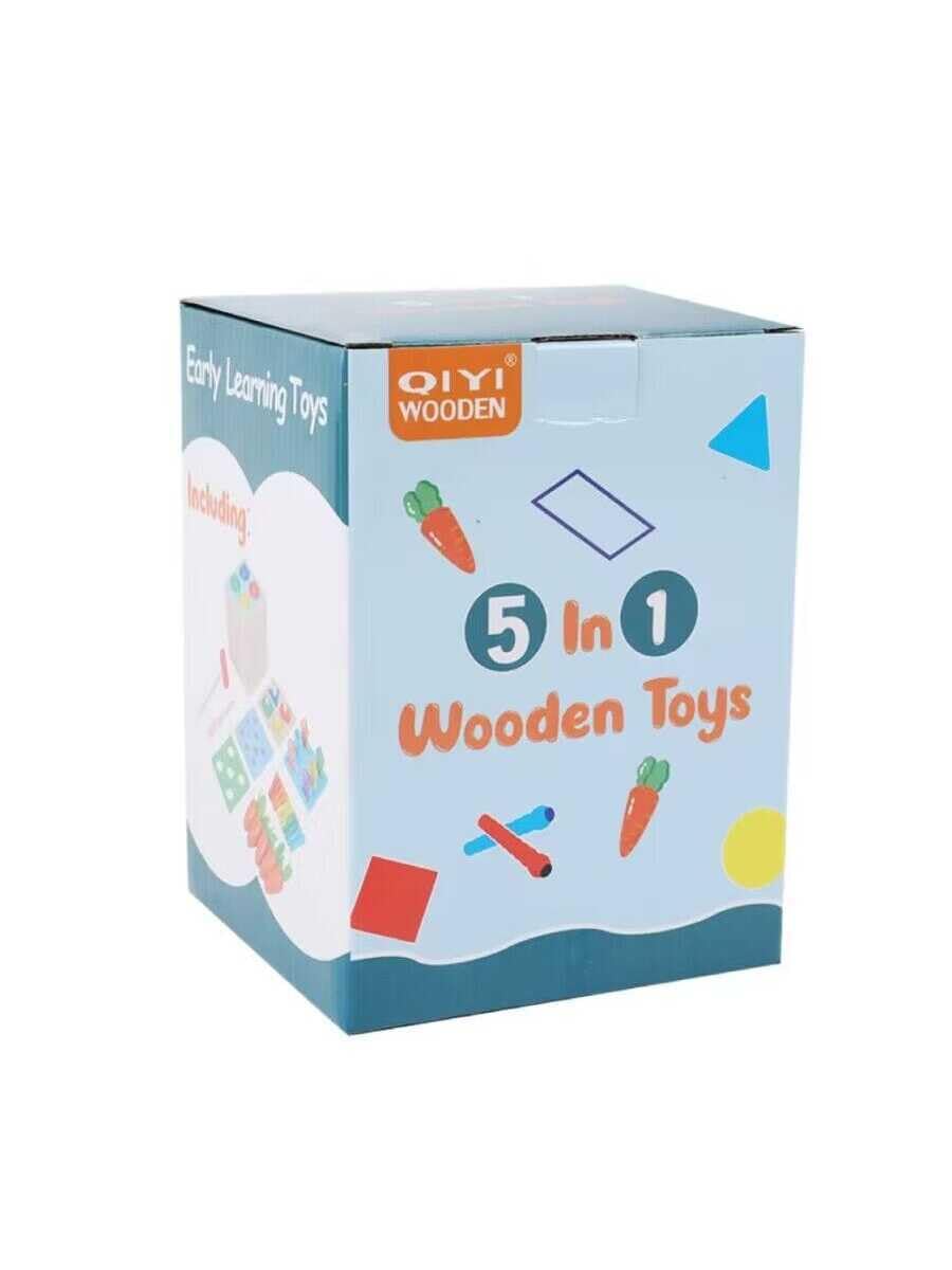 5-in-1 Wooden Montessori Play Set – Carrot Harvest, Fishing, Shape Sorter & Pounding Toy | Educational Gift for Toddlers