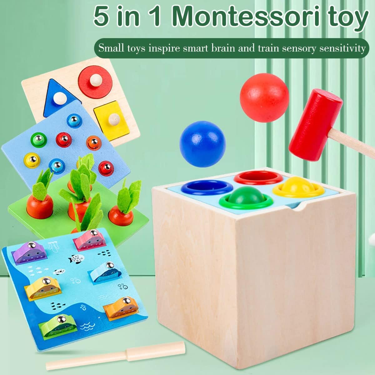 5-in-1 Wooden Montessori Play Set – Carrot Harvest, Fishing, Shape Sorter & Pounding Toy | Educational Gift for Toddlers