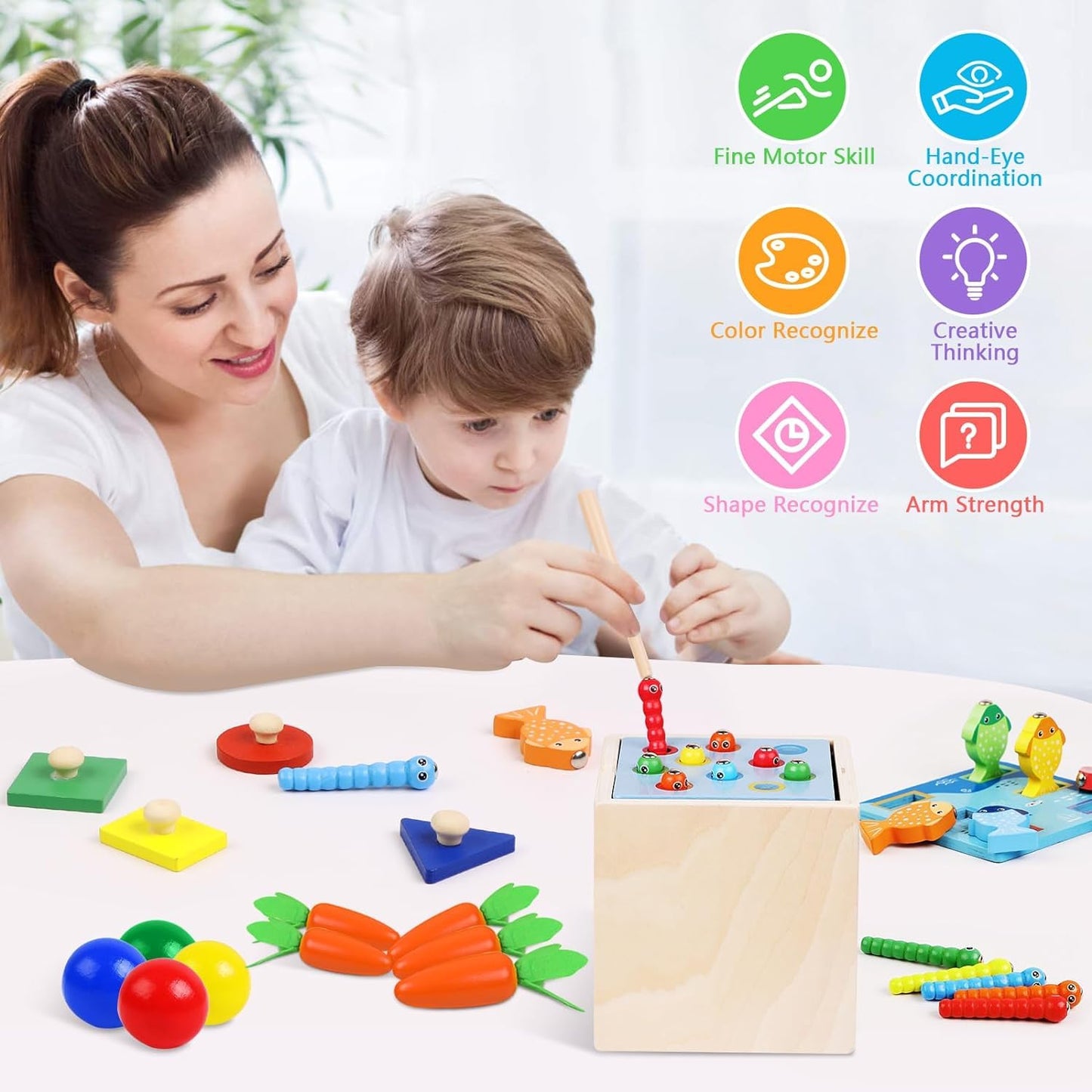 5-in-1 Wooden Montessori Play Set – Carrot Harvest, Fishing, Shape Sorter & Pounding Toy | Educational Gift for Toddlers