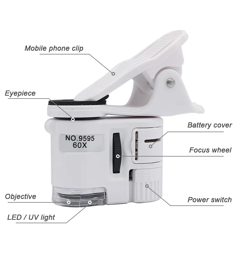 60X Clip-On Phone Microscope | LED & UV Light STEM Tool for Coins, Plants & Micro Observation