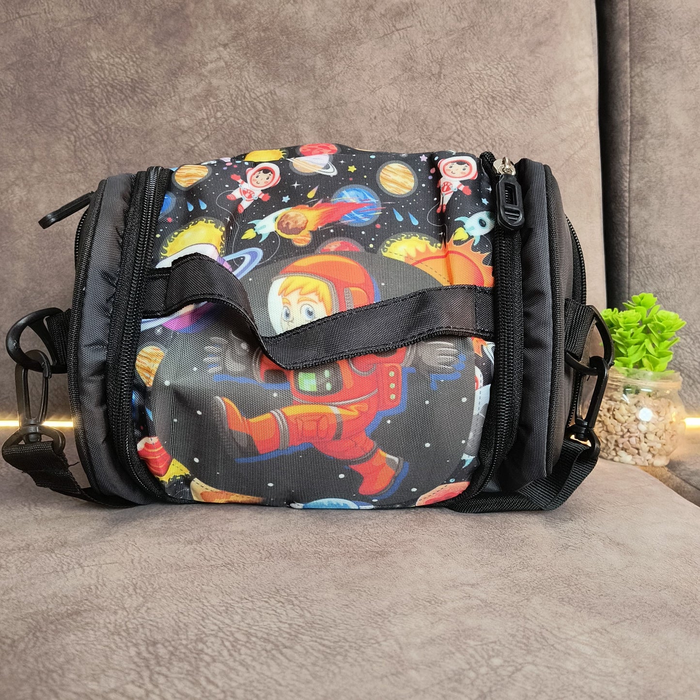 Space-Themed Travel Duffle Bag | Multi-Compartment Design with Side Holders & Premium Chain