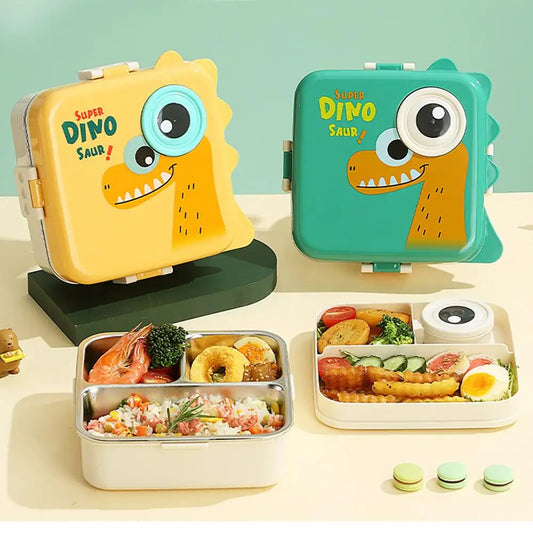 Dino Animal Eye 3 Grid 2 Layer Steel Bento Lunch Box + Dibbi Mixproof