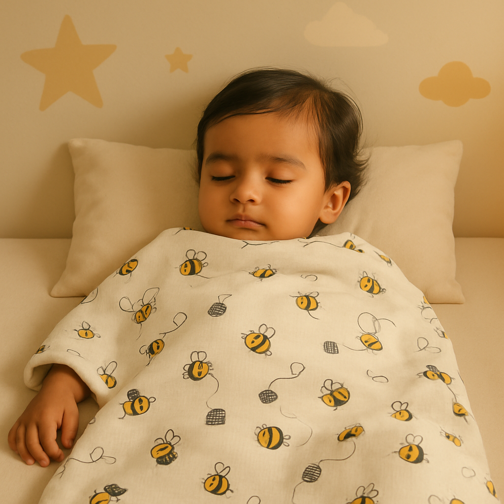 Buzzing Comfort Muslin Swaddle Blanket | 6-Layered Bee-Themed Baby Wrap – Ultra-Soft, Breathable & Cozy for Newborns