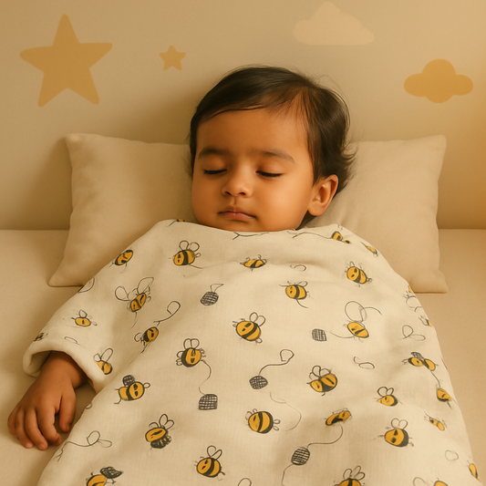 Buzzing Comfort Muslin Swaddle Blanket | 6-Layered Bee-Themed Baby Wrap – Ultra-Soft, Breathable & Cozy for Newborns