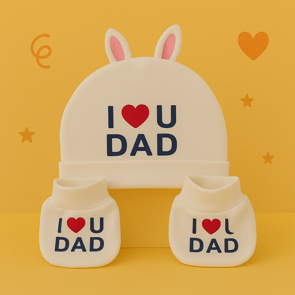 Charming I Love You Dad White Set - Printed Mittens, Booties & Cap for Your Precious Little One