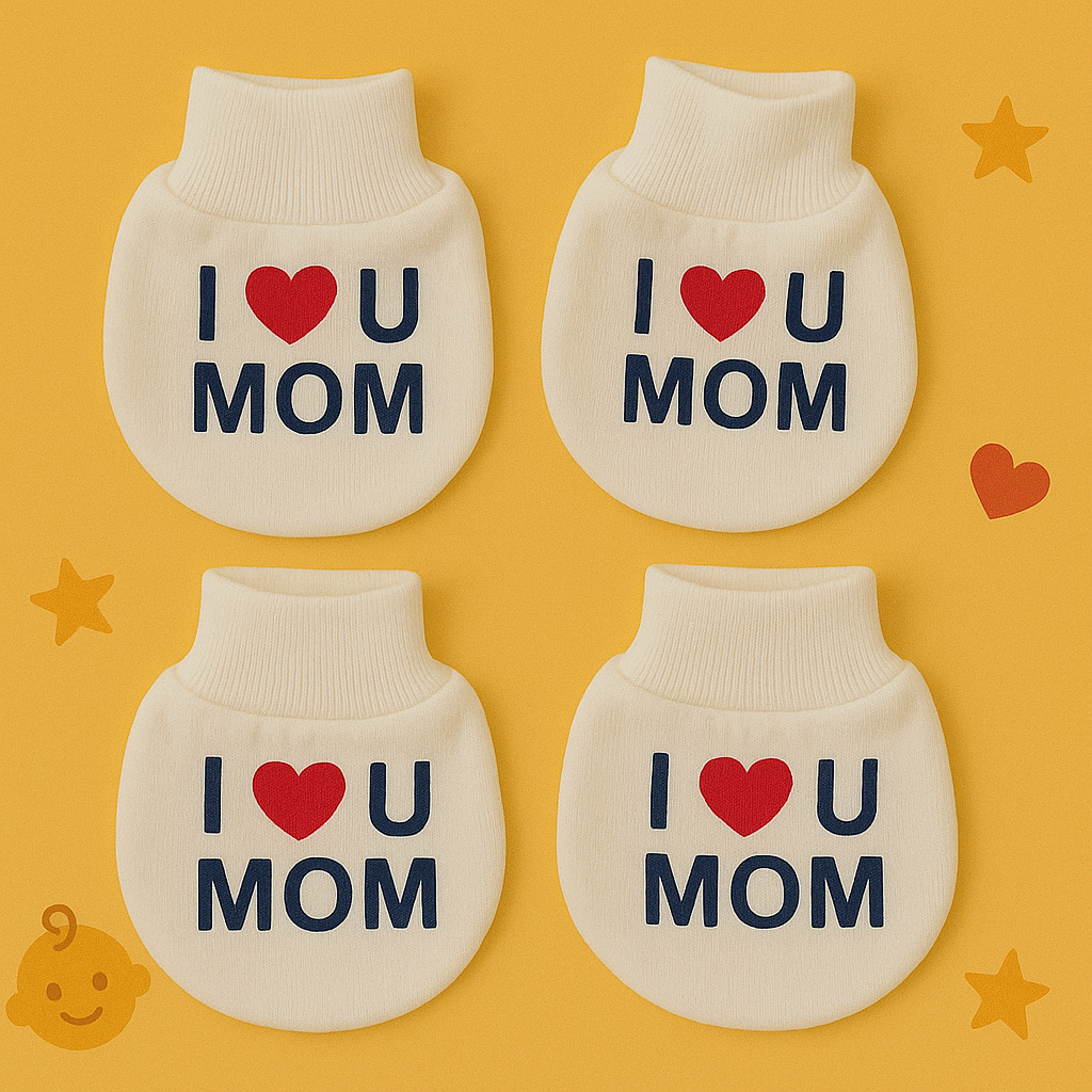 Adorable I Love You Mom White Set - Printed Mittens, Booties & Cap for Your Little Bundle of Joy