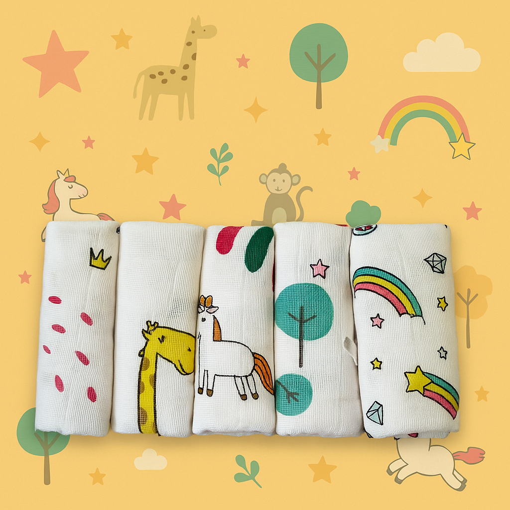 Set of 5 Organic Muslin Washcloths – 4-Layer, White Printed ( Design-1) Ultra-Soft & Gentle for Baby's Delicate Skin