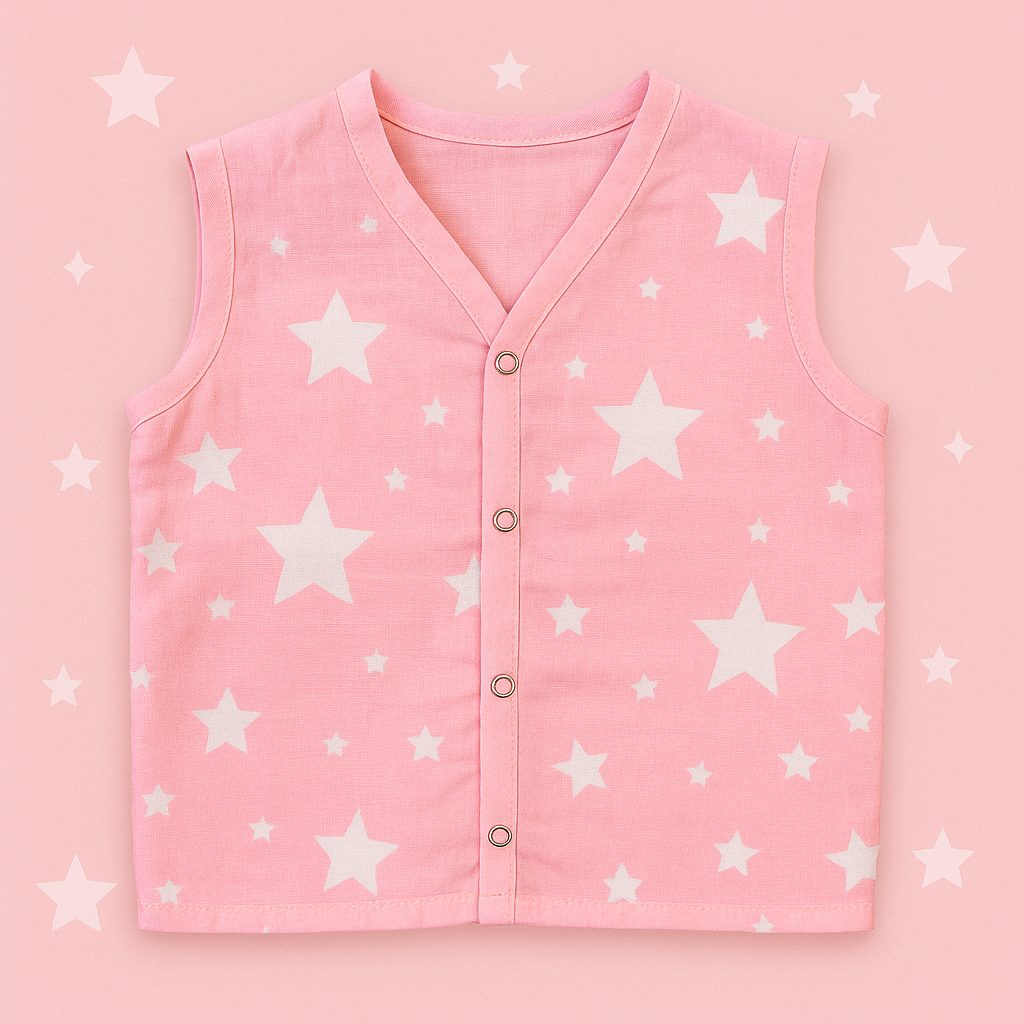 Organic Muslin Vest Set of 3 | Cherry, Star & Rabbit Designs – Soft, Breathable & Buttoned for Easy Dressing