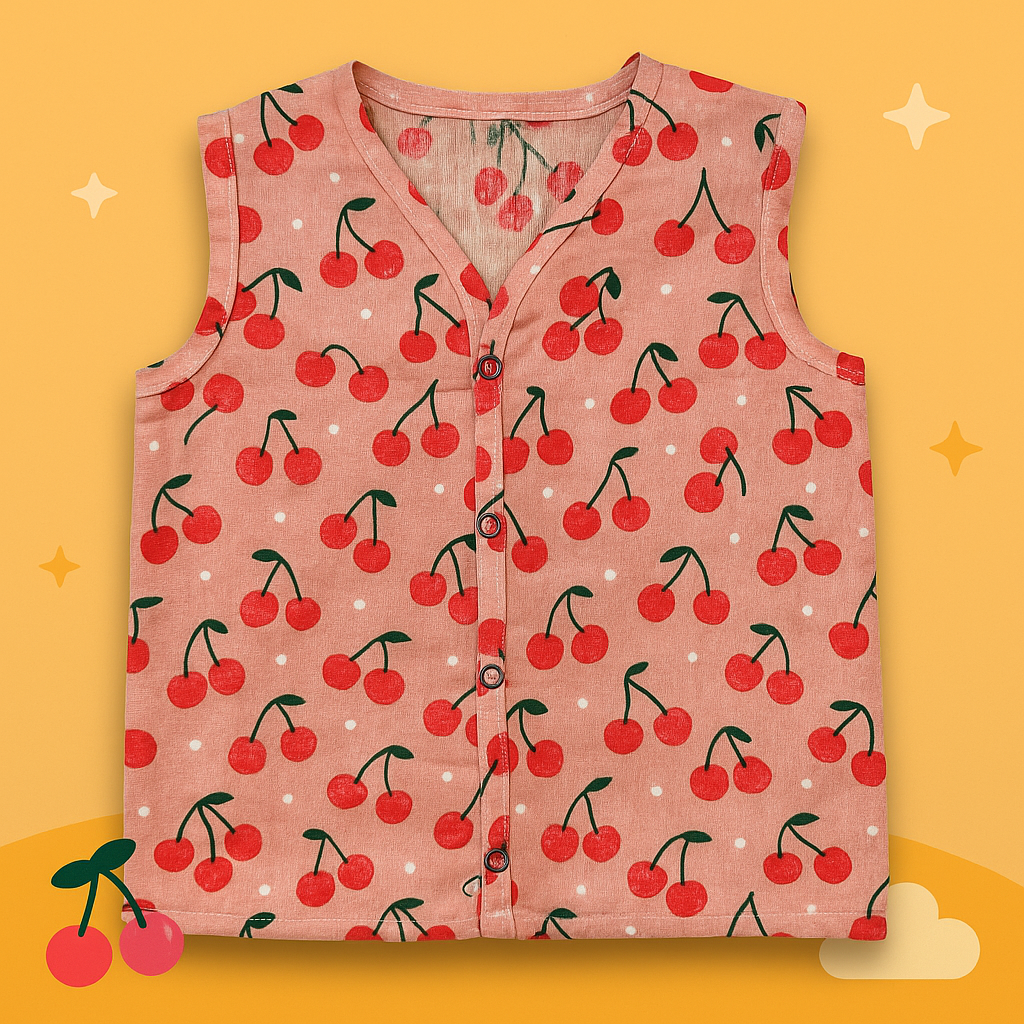 Organic Muslin Vest Set of 3 | Cherry, Star & Rabbit Designs – Soft, Breathable & Buttoned for Easy Dressing