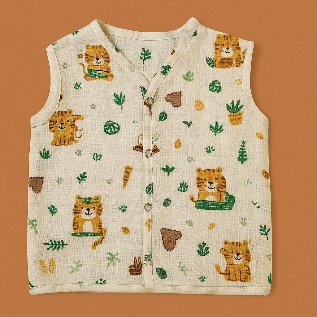 Organic Muslin Vest Set of 3 | Tiger, Bee & Vehicle Designs – Soft, Breathable & Buttoned for Easy Dressing