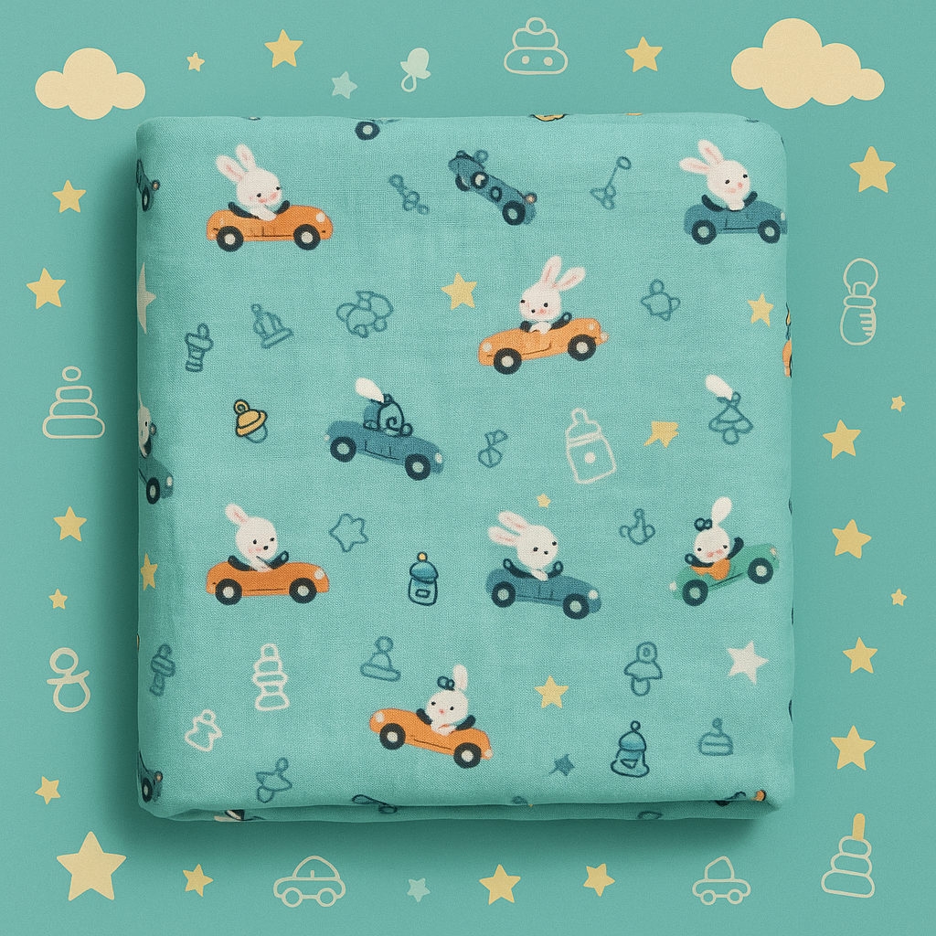 Bunny Joyride | Soft Muslin Hooded Baby Wrapper – Cute Bunny in a Car Design for Cozy Snuggles