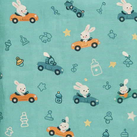 Bunny Joyride | Soft Muslin Hooded Baby Wrapper – Cute Bunny in a Car Design for Cozy Snuggles