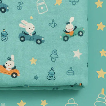 Bunny Joyride | Soft Muslin Hooded Baby Wrapper – Cute Bunny in a Car Design for Cozy Snuggles