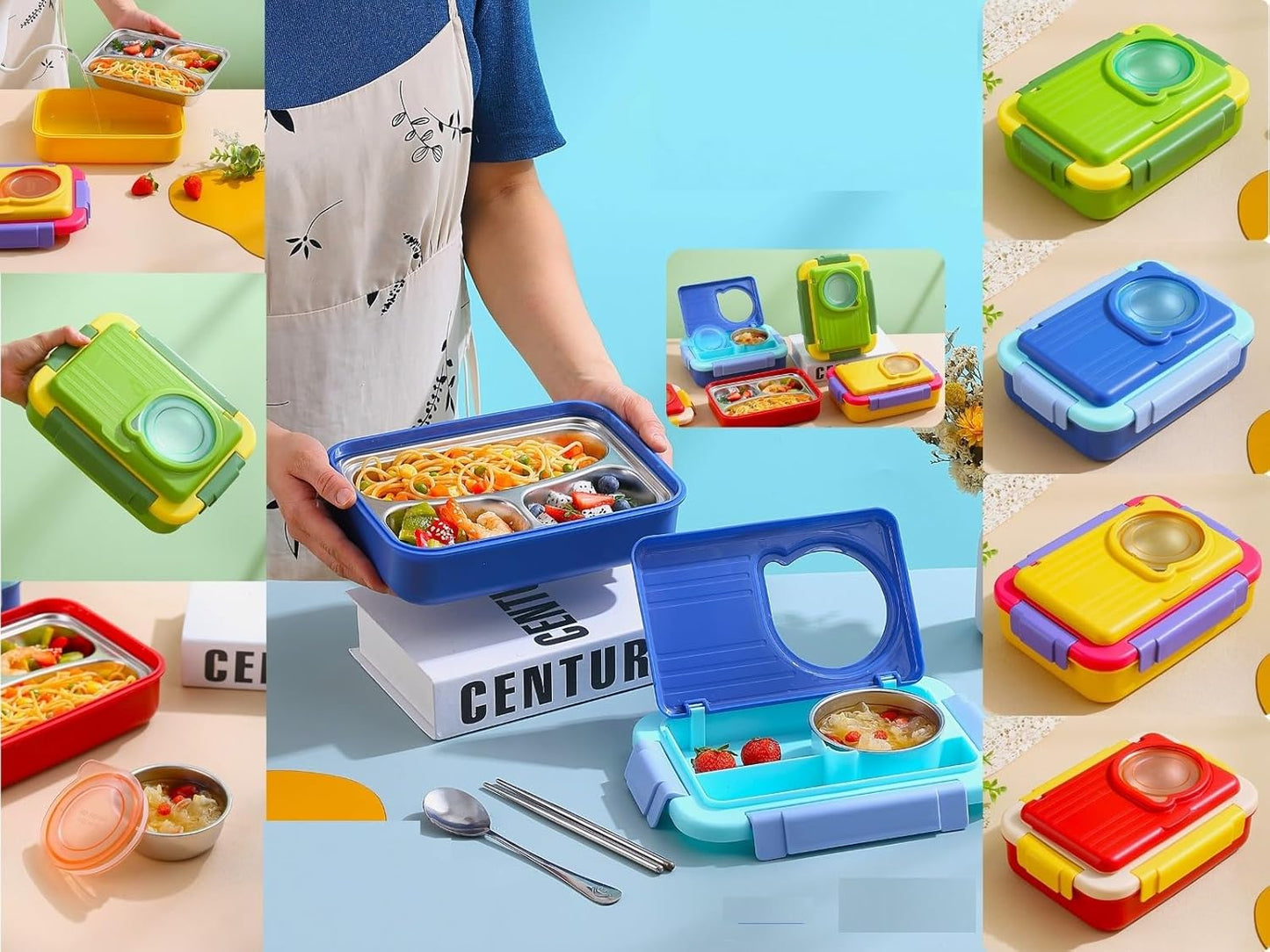 Cherry Green Bento Lunch Box | 3-Grid + Dibbi 800+150ml Leak-Proof Lb-8949