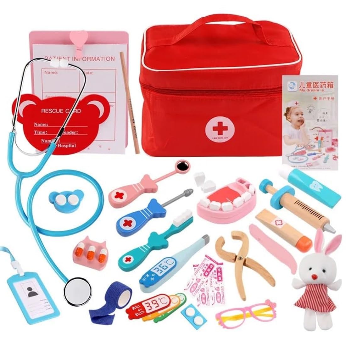 Wooden Doctor Kit for Toddlers, Kids โ Dentist Set with Working Stethoscope & Pretend Play Role Play Toy