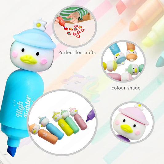 Dudu Duck Highlighter Pen – Cute Pastel Stationery for Kids (Set of 6)