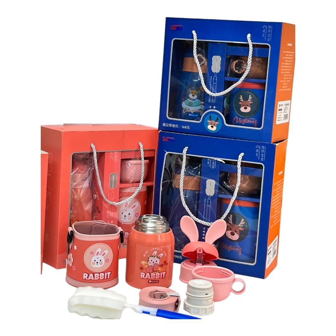 Animal-Themed Steel Water Bottle Gift Set with Straw