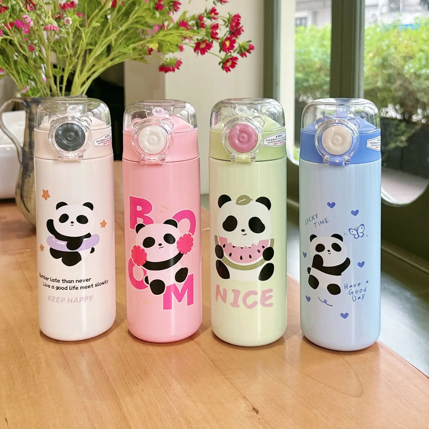 KawaiiPanda Steel 500ml Water Bottle Flip-Lid Leak-Proof Sipper | Stainless Steel Insulated Bottle for Kids & Adults