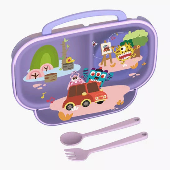 Kids Compartment Food Plate Set (DY1420) | Covered Plate with Bowl, Spoon & Fork | Leak-Proof