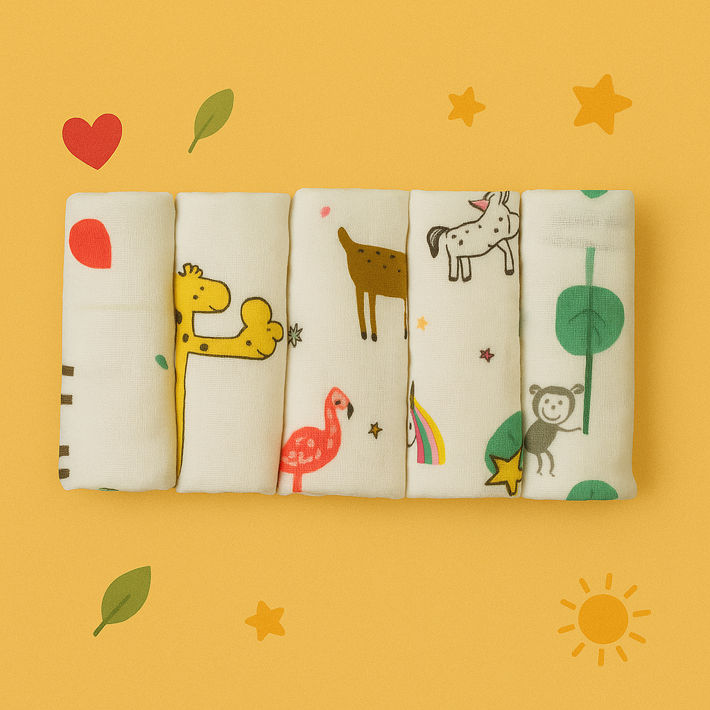 Set of 5 Organic Muslin Washcloths – 4-Layer, White Printed ( Design-3) Ultra-Soft & Gentle for Baby's Delicate Skin
