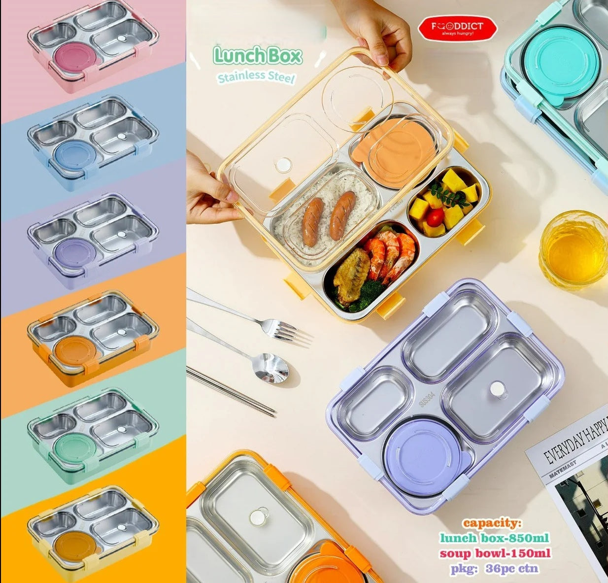 Mofu 3-Grid Bento Lunch Box + Dibbi | Leakproof Stainless Steel Tiffin for Office & School Meals