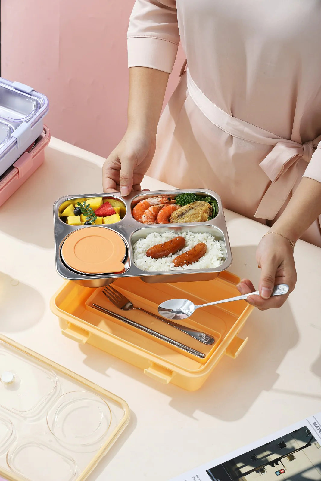 Mofu 3 Grid Bento Lunch Box + Dibbi For Warm Leak Proof Food at Office School