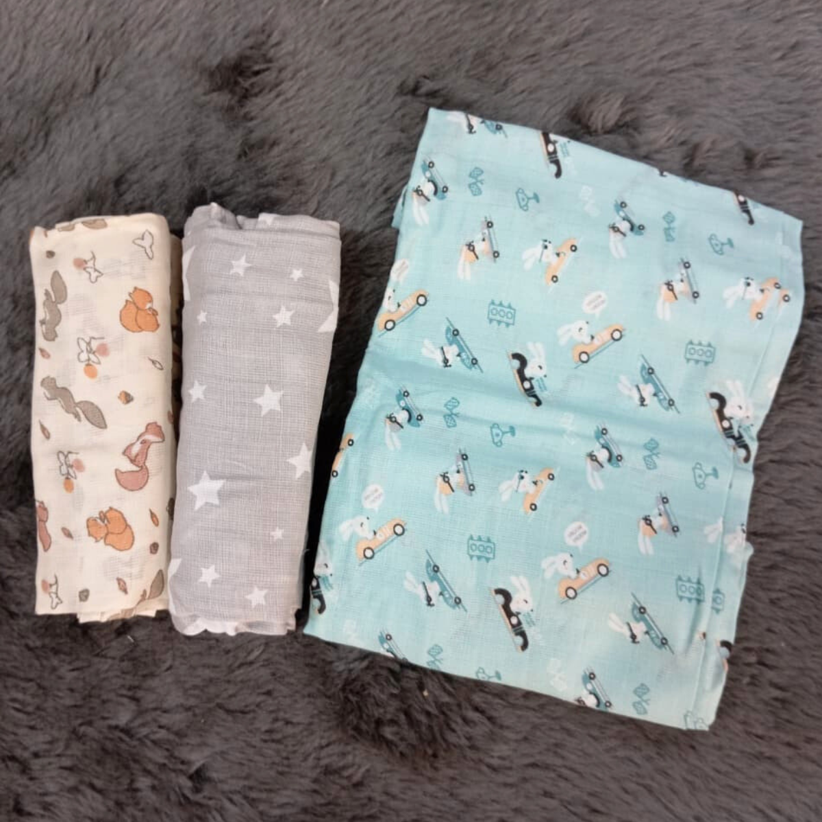 Star Car Squirrel Organic Cotton Baby Swaddle Blanket Set of 3 – 42x42 inches
