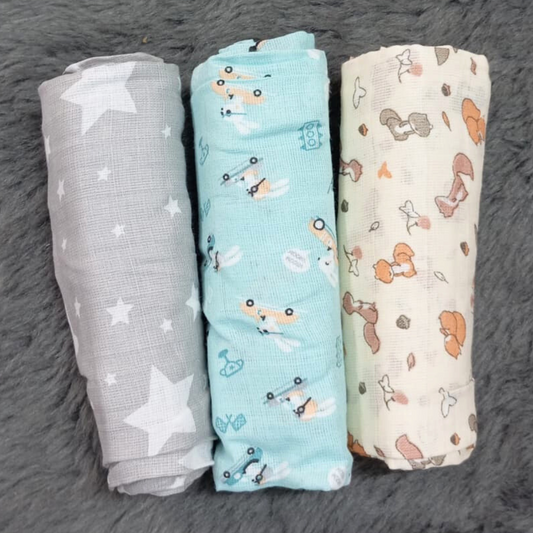 Star Car Squirrel Organic Cotton Baby Swaddle Blanket Set of 3 – 42x42 inches