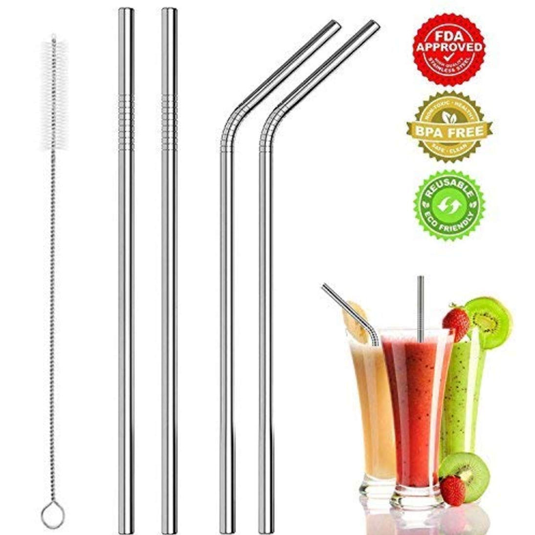 Stainless Steel Metal Straws (2 Bend 2 Straight) Set for Drinking Juice Reusable BPA-Free Metal