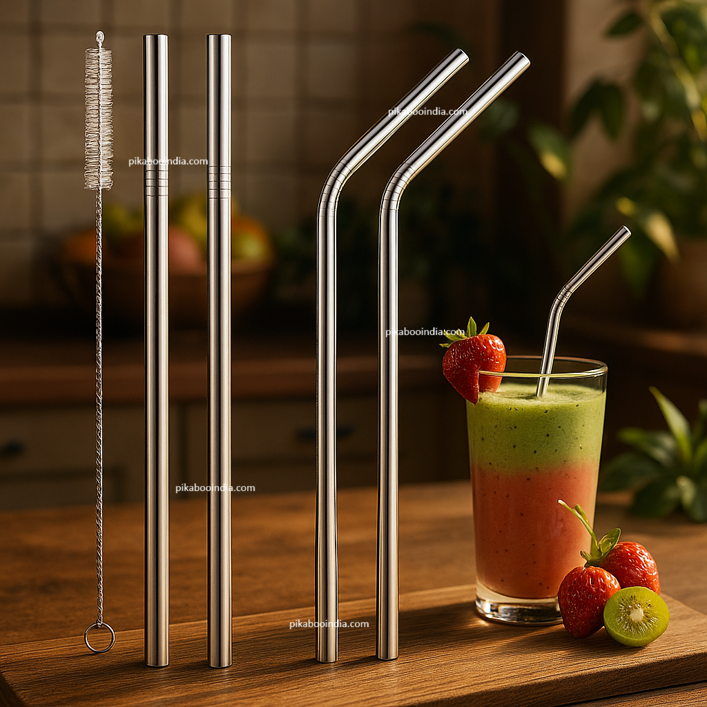 Metal Straw Set – 2 Bent & 2 Straight | Reusable with Brush