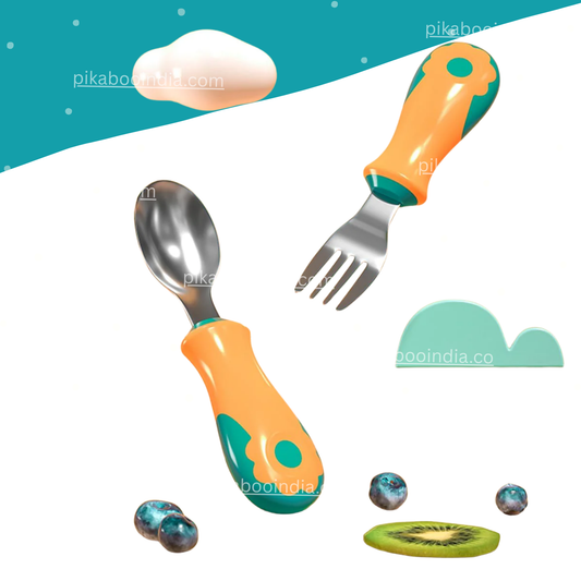 Self-Feeding Steel Spoon & Fork Set – Safe Colors for Toddlers