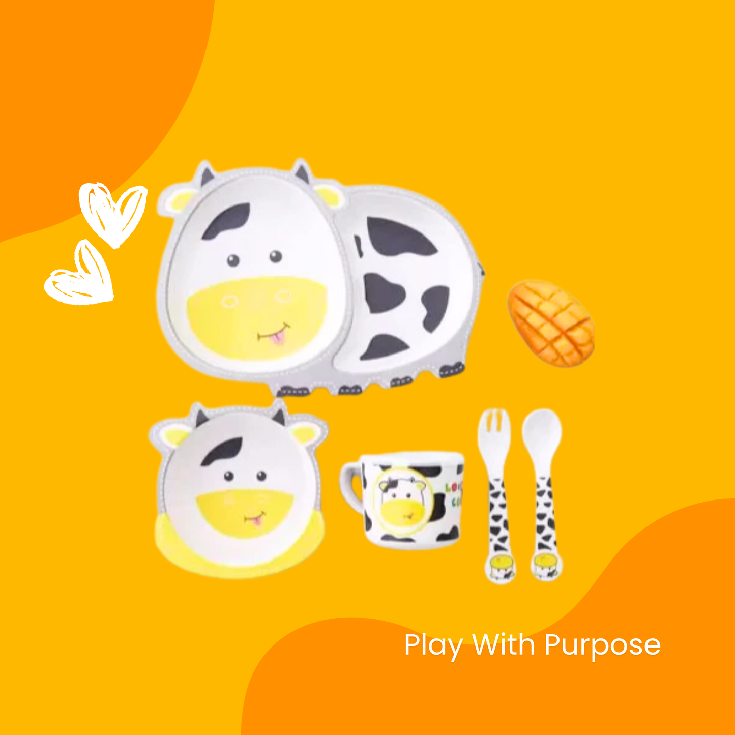 Bamboo Tableware Set – Cow-Shaped Design | Self-Feeding