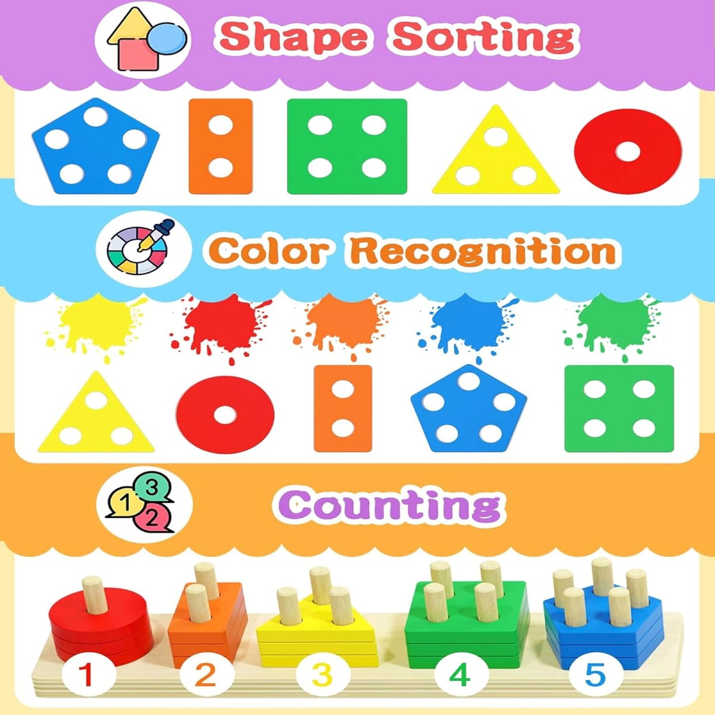 Wooden Geometric Shape Stacker – 5 Column Multi Colour Puzzle & Sorting Toy | Preschool Learning