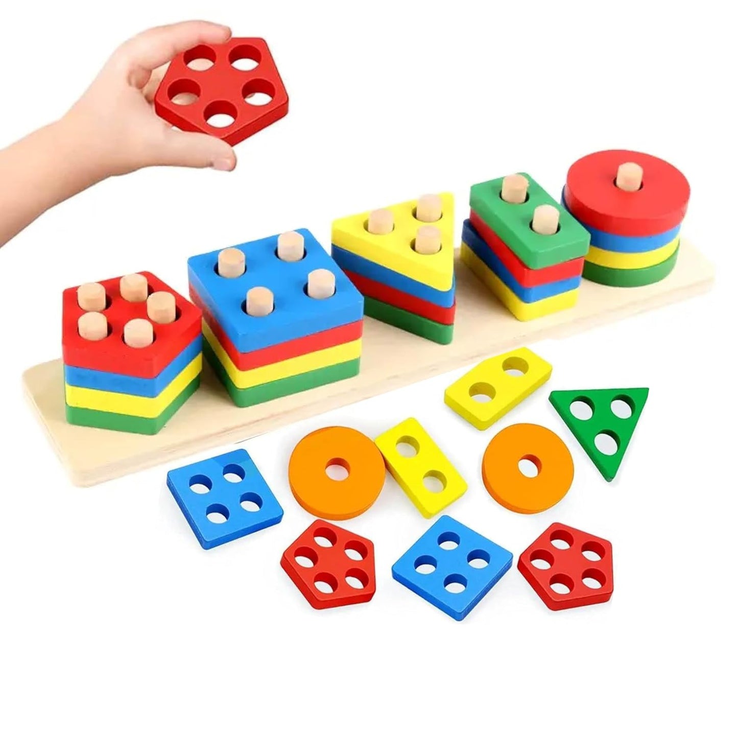 Wooden Geometric Shape Stacker – 5 Column Multi Colour Puzzle & Sorting Toy | Preschool Learning