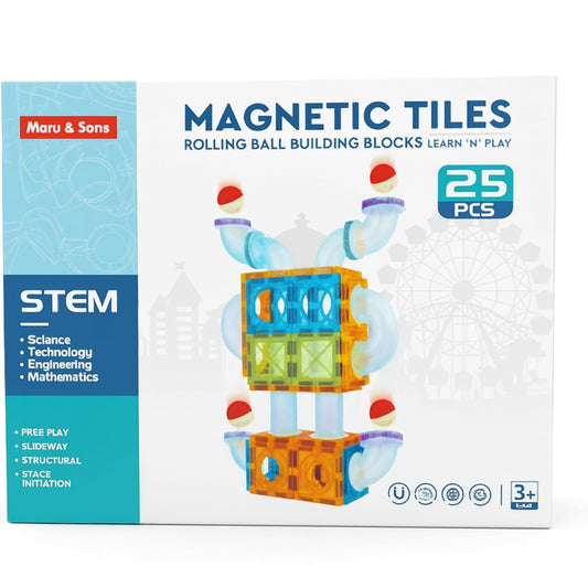 Genius 25 pc Magnetic Tiles Rolling Ball STEM Building Toy for Kids