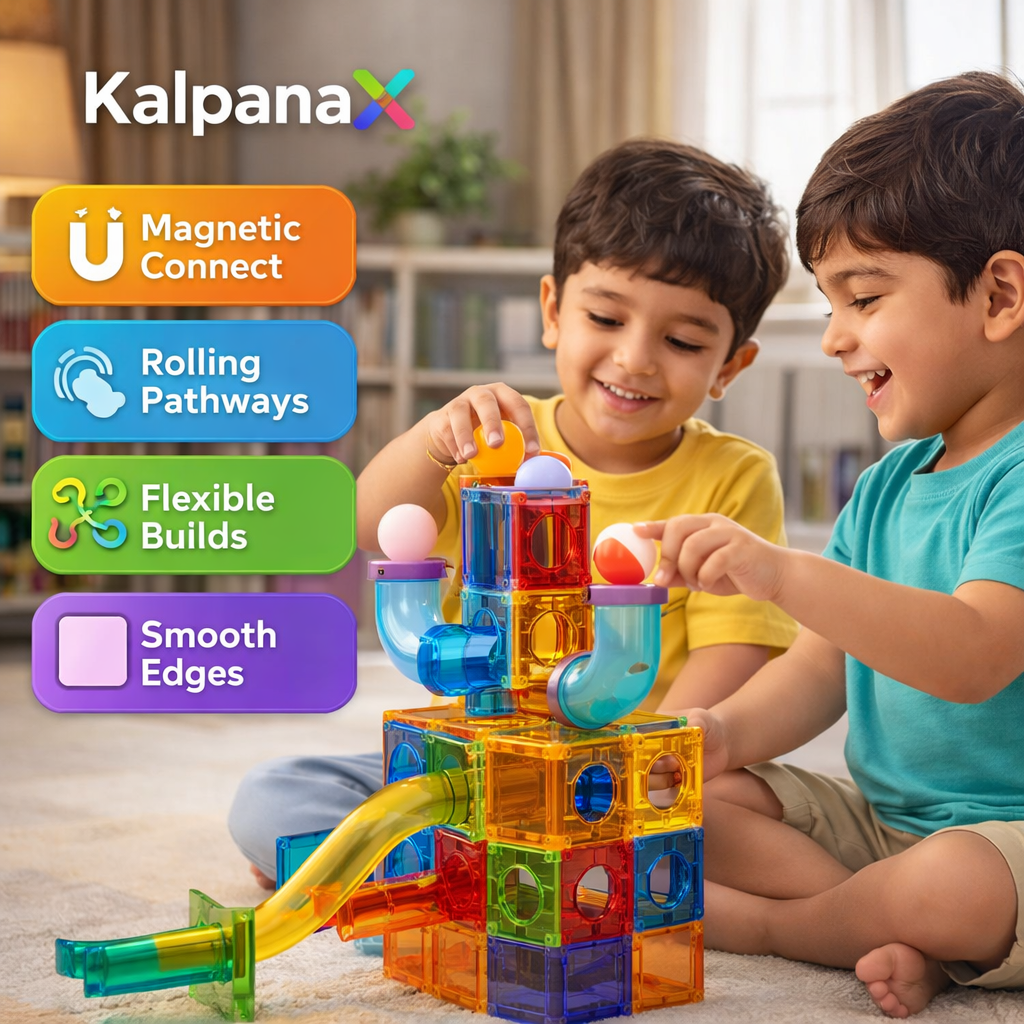 Genius 75 pc Magnetic Tiles Rolling Ball STEM Building Toy for Kids