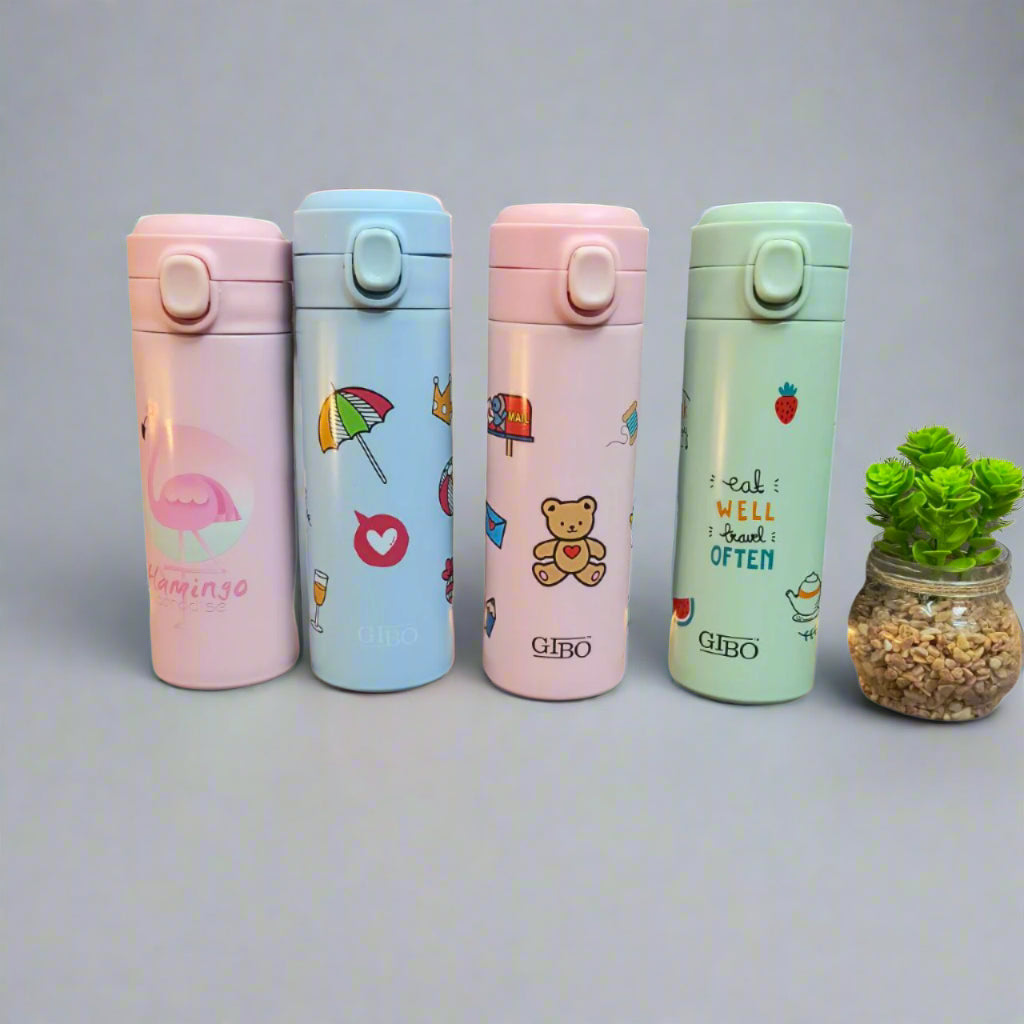 Cartoon Doodle Printed Flip-Top Stainless Steel Vacuum Flask Kids Water Bottle 420 ML ( 797 )