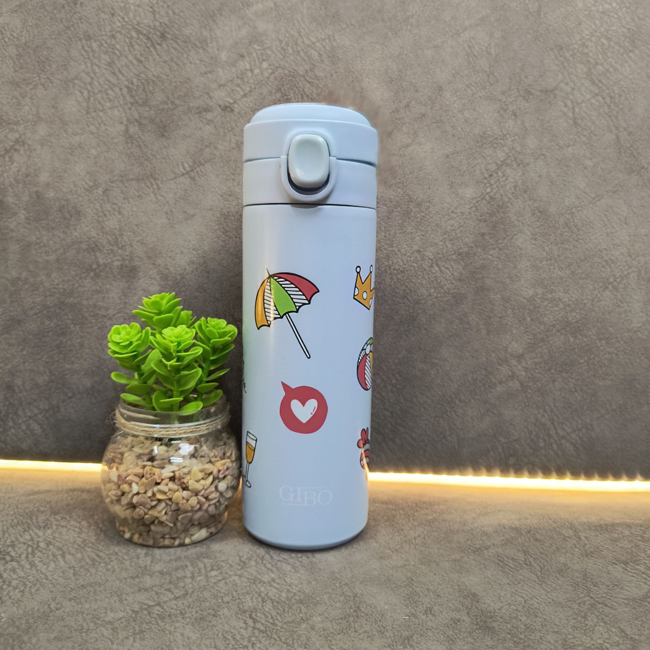 Cartoon Doodle Printed Flip-Top Stainless Steel Vacuum Flask Kids Water Bottle 420 ML ( 797 )