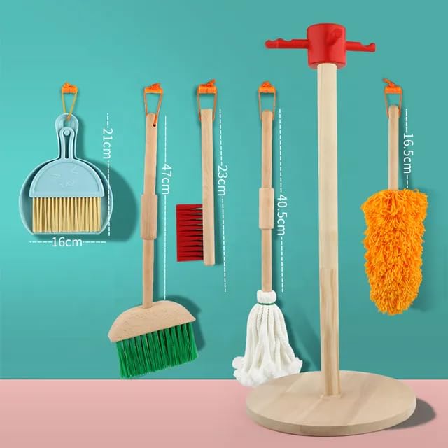 Wooden Kids Cleaning Set – Montessori Pretend Play Kit with Broom, Mop & Stand