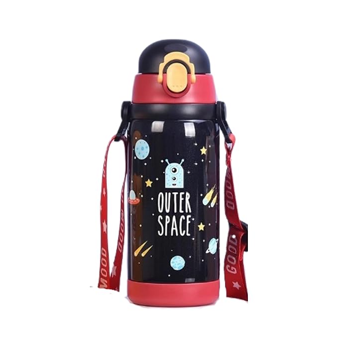 Black Outer Space Premium Water Bottle | 450ml Stainless Steel | Hot & Cold | Double Lid & Strap