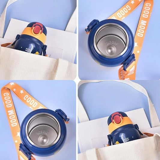Blue Space Premium Water Bottle | 450ml Stainless Steel | Hot & Cold | Double Lid & Strap (Name to be mentioned on Order Special Instructions on cart page)