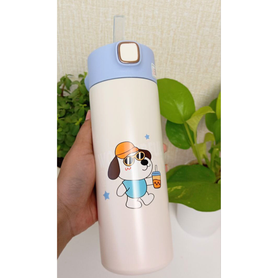 Printed Stainless Steel Push Button Sipper Water Bottle 420 ML (3407)