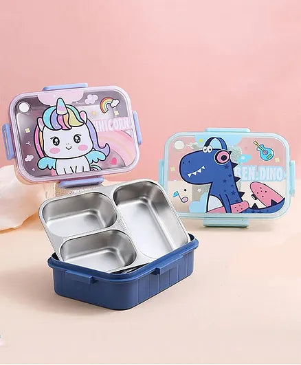 Unicorn / Dino 3 Grid Insulated Stainless Steel Leakproof Lunch Bento Box For Kids