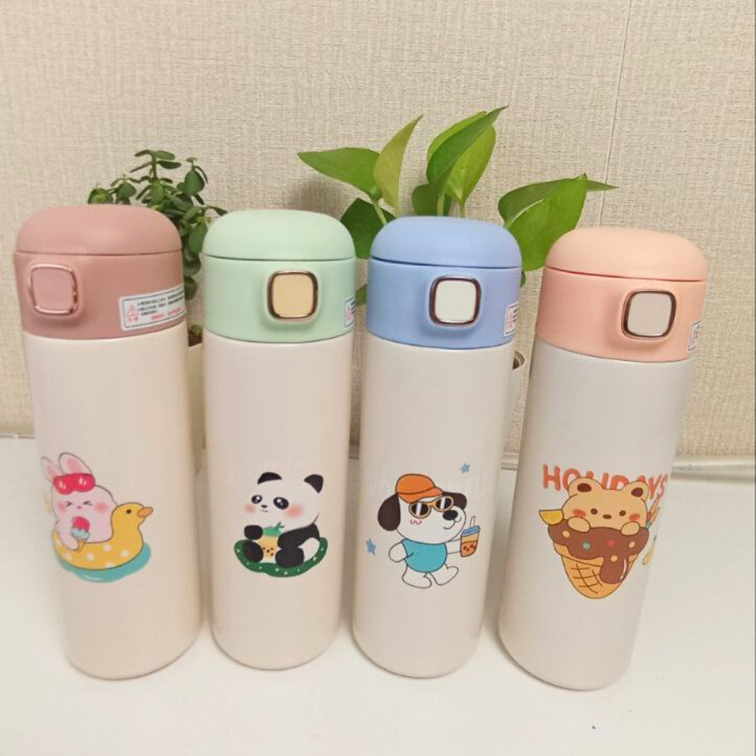 Printed Stainless Steel Push Button Sipper Water Bottle 420 ML (3407)