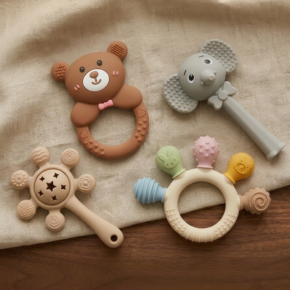 Sun Silicone Teether Rattle Toy – Soft, Safe Teething Relief for Babies 3-12M ( Assorted )