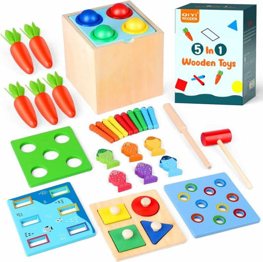 5-in-1 Wooden Montessori Play Set – Carrot Harvest, Fishing, Shape Sorter & Pounding Toy | Educational Gift for Toddlers