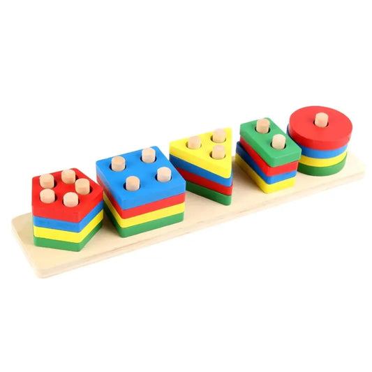 Wooden Geometric Shape Stacker – 5 Column Multi Colour Puzzle & Sorting Toy | Preschool Learning
