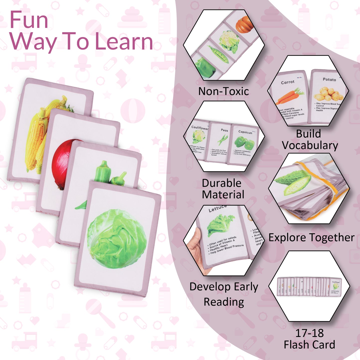 PiK A BOO Cloth Vegetable Flash Cards | Early Learning & Fun (Set of 18)